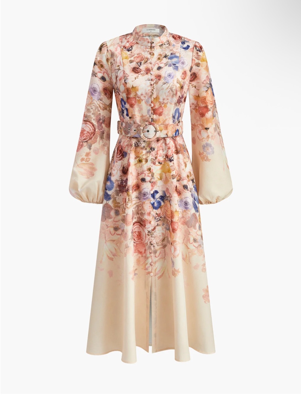 Commense Cream Floral Long-Sleeve Belted Maxi Dress